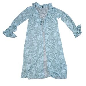 Bohemian Sheer Floral Kimono Duster Blue Green Ruffle Long Sleeve Floral Size S